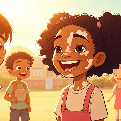 Grupo de crianças diversas brincando no pátio escolar, uma delas com vitiligo, em ambiente de inclusão